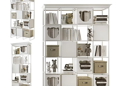Open Design Bookcase With Multiple Shelves Storage Boxes And Decorative Figures 3d model