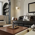 Elegant Living And Dining Room Interior With Black Sofa Coffee Table Decorative Paintings And Chandelier