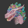 Pink And Blue Dragon Head Sculpture With Open Mouth Sharp Teeth Scaly Neck And Frills