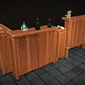 Wooden Bookcases With Books Bottles Candles Drawer Cabinets And Small Stool On Gray Tiled Floor