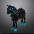 Black Horse With Blue Glowing Decorations Intricate Saddle Patterns And Glowing Hooves