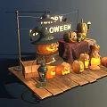 Happy Halloween Decorations With Jack O Lanterns Witch Hat And Wooden Platform