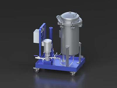 Stainless Steel Industrial Equipment With Large Tank Blue Mobile Base Wheels Pipes And Small Components 3d model