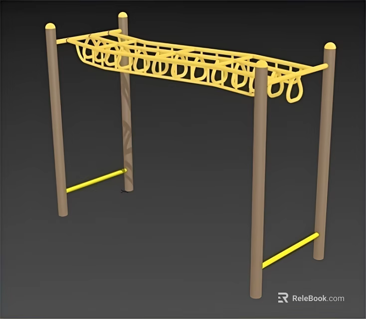 Yellow Outdoor Climbing Frame With Wooden Posts And Ring Bars For Kids Playground 3d model 