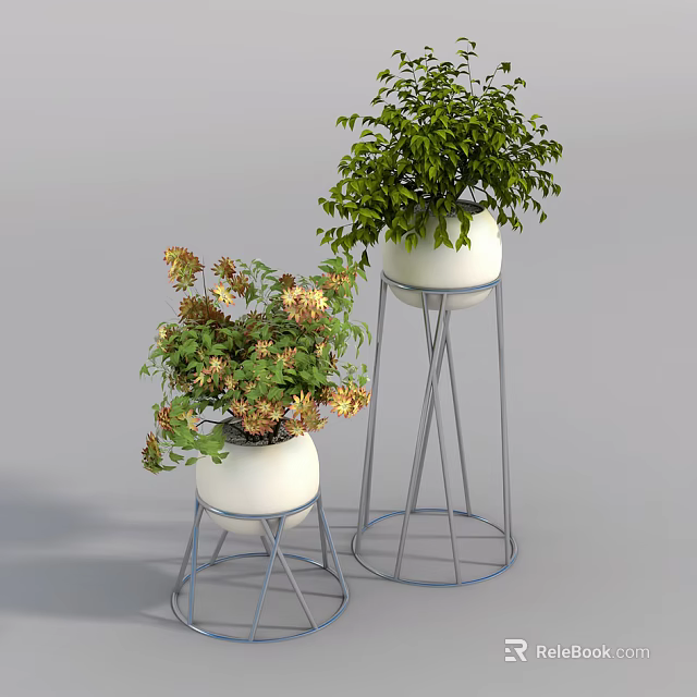 Decorative Potted Plants In White Pots With Metal Stands Green Leaves And Yellow Flowers 3d model 