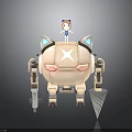 Little Girl In Blue Dress Standing On White Mechanical Cat Robot With Blue Ears