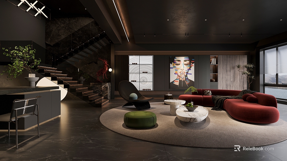 Modern Living and Dining Room Interior With Red Sofa Round Rug Coffee Table And Artwork 3d model 