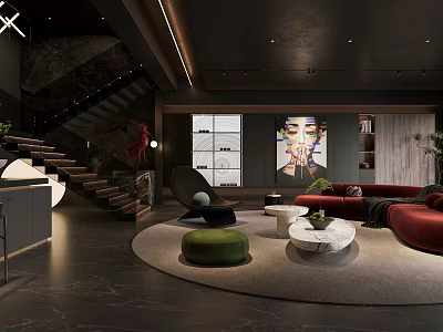 Modern Living and Dining Room Interior With Red Sofa Round Rug Coffee Table And Artwork 3d model