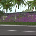 Landscaped Municipal Road With Palm Trees Purple Flowers Green Shrubs And Brick Wall