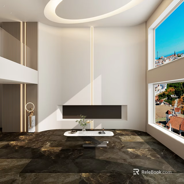 Modern Duplex Living Room Interior Design With High Ceiling Large Windows And Fireplace 3d model 