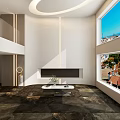 Modern Duplex Living Room Interior Design With High Ceiling Large Windows And Fireplace