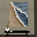 Ocean Wave Wall Art With Sandy Beach And White Vase On Black Table