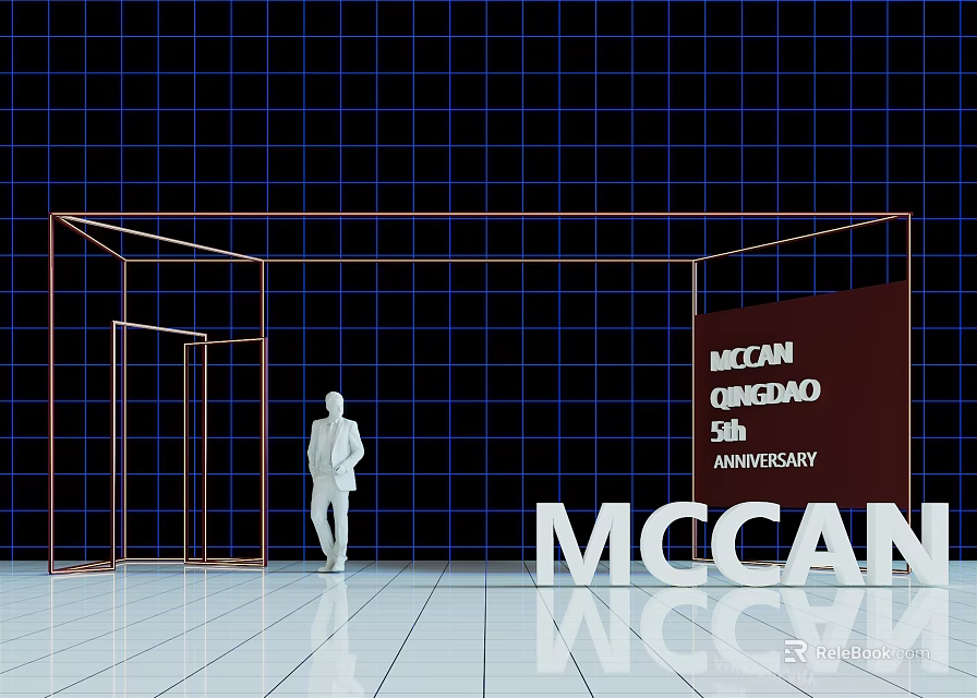 MCCANN ONGDAO 50th Anniversary Scene With White Figure Grid Background Frame Structure On White Floor 3d model 