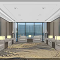 Elegant Reception Interior With White Sofas Coffee Tables Large Windows And Patterned Carpet 3d model