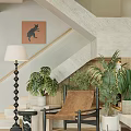 Modern Wooden Lounge Chair with Potted Green Plants Table Lamp and Vintage Radio