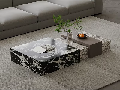 Modern Living Room Black And White Marble Coffee Table With Green Plant Oranges And Magazine 3d model