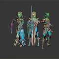 Three Humanoid Creatures in Turquoise and Silver Armor Posing Together with Futuristic Designs