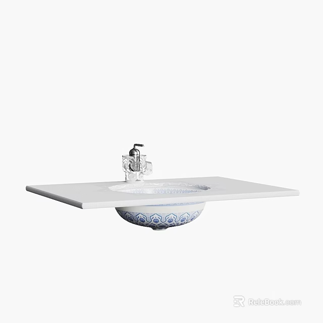 Wall Mounted Washbasin Vanity with White Countertop Blue White Bowl Sink and Silver Faucet 3d model 