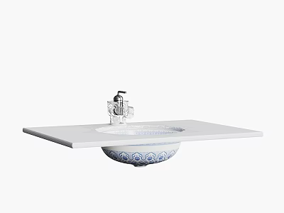 Wall Mounted Washbasin Vanity with White Countertop Blue White Bowl Sink and Silver Faucet 3d model