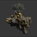 Cartoon Scene of Floating Rock Platform With Green Trees Small House Animals and Path