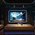 Futuristic KTV Interior With Neon Lights Starry Ceiling Sofas And Coffee Table