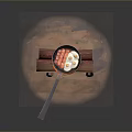 Traditional Long Handled Pan For Outdoor Cooking With Flame Firewood And Meat Pieces
