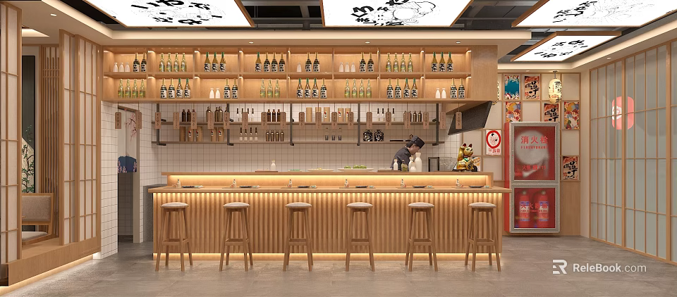 Cozy Japanese Restaurant Interior With Wooden Bar Counter Stools And Wine Bottles On Shelves 3d model 