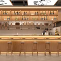 Cozy Japanese Restaurant Interior With Wooden Bar Counter Stools And Wine Bottles On Shelves