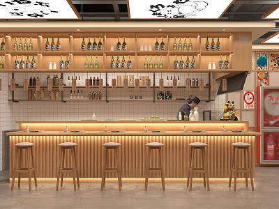 Cozy Japanese Restaurant Interior With Wooden Bar Counter Stools And Wine Bottles On Shelves 3d model