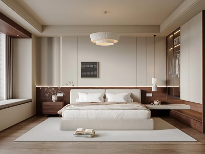 Minimalist Bedroom Interior With White Bed Wooden Accents Pendant Light And Decorative Painting 3d model
