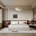 Minimalist Bedroom Interior With White Bed Wooden Accents Pendant Light And Decorative Painting