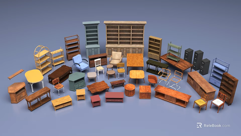 Diverse Table And Chair Set In Home Furniture Collection With Bookshelves Cabinets 3d model 
