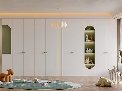White Wardrobe with Circular Display Niches Showcasing Stuffed Toys and Playful Rug in Kids Room 3d model