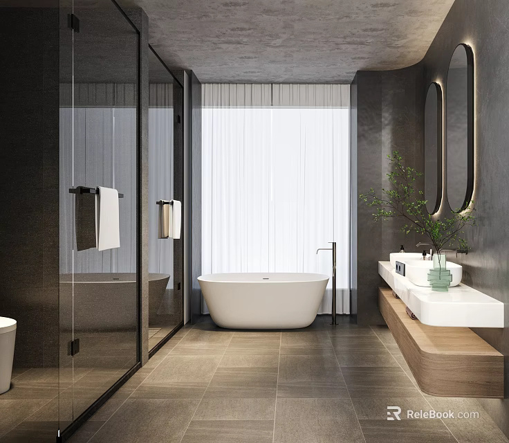 Modern Luxury Bathroom Interior With Freestanding Bathtub Glass Shower Enclosure And Spacious Double Sink Vanity 3d model 