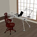 Modern Glass Desk With Red Chair Laptop Desk Lamp And Mug In Bright Room