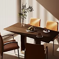 Modern Wooden Dining Table Set With Yellow Chairs Green Plant And Pears