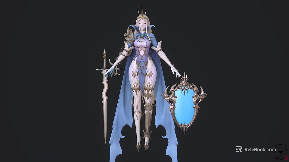 Game And Movie Character In Ornate Armor With Blue Cape Sword And Shield 3d model 