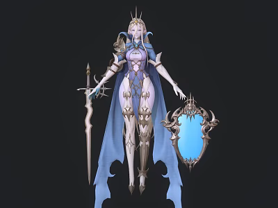Game And Movie Character In Ornate Armor With Blue Cape Sword And Shield 3d model