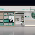 Modern Home Appliance Showroom With Green White Display Stands And Product Displays