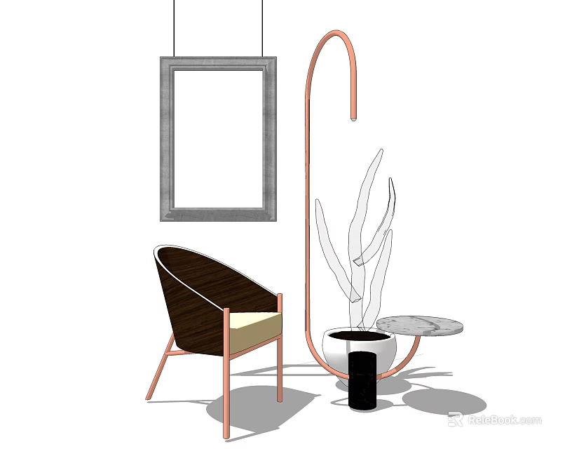 Brown Curved Leisure Chair With Copper Legs Framed Art Potted Plant And Side Table 3d model 