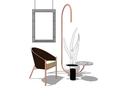 Brown Curved Leisure Chair With Copper Legs Framed Art Potted Plant And Side Table 3d model