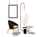 Brown Curved Leisure Chair With Copper Legs Framed Art Potted Plant And Side Table