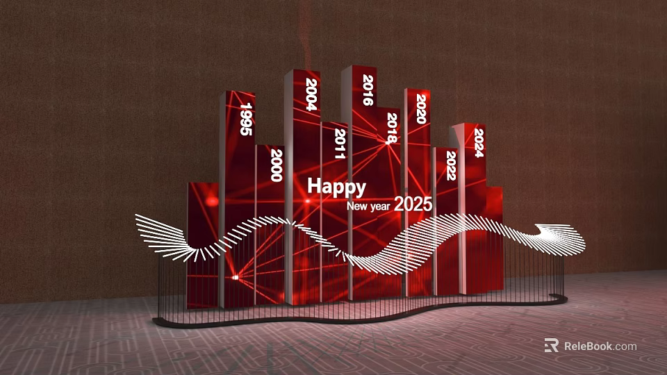 Interactive Zone With Happy New Year 2025 Red Column Charts And Wing Decorations 3d model 