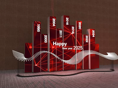 Interactive Zone With Happy New Year 2025 Red Column Charts And Wing Decorations 3d model