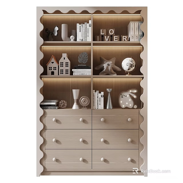 Modern Decorative Cabinet With Shelves Drawers Adorned With Mini House Models Books Globe Rabbit Figurine 3d model 