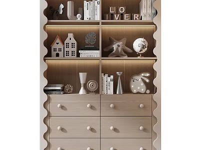Modern Decorative Cabinet With Shelves Drawers Adorned With Mini House Models Books Globe Rabbit Figurine 3d model