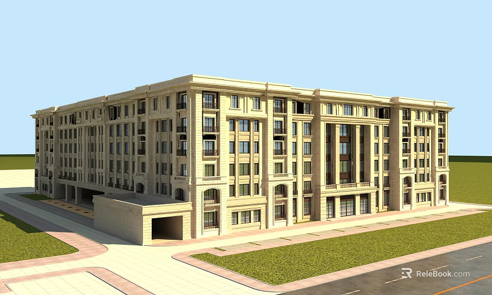 Classical Hotel Building With Elegant Facade Multiple Windows And Front Lawn 3d model 