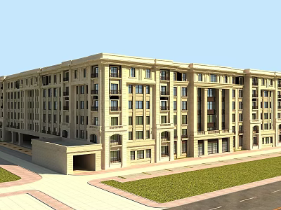 Classical Hotel Building With Elegant Facade Multiple Windows And Front Lawn 3d model