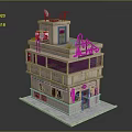 Colorful Multi Story Building Exterior With Pink Accents Green Door Neon Sign And Bar Facade
