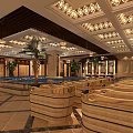 Luxurious SPA Sauna Interior With Large Pool Ornate Ceiling Wooden Decor And Green Plants